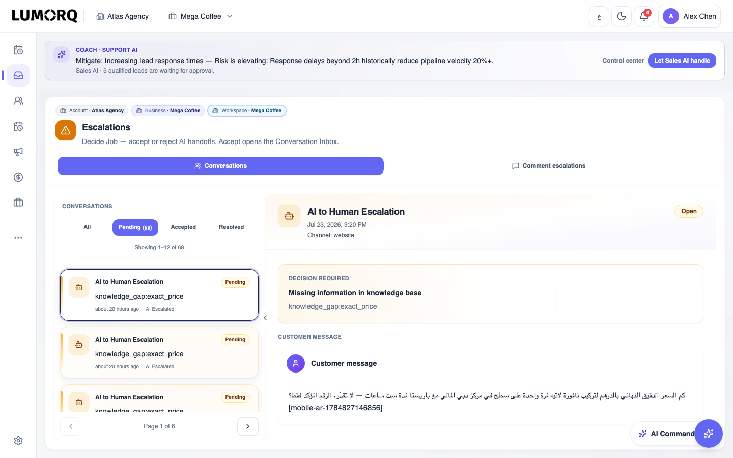 Escalations — AI-to-human handoff queue
